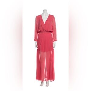 Sandra Weil 100% silk dress maxi coral pink long sleeves slit v-neck sz 4 Y2K